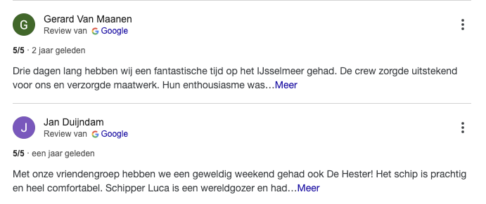 Het beste is om een zeiltoch op Zeilschip De Hester zelf te ervaren. Van te voren lezen wat echte gasten van hun ervaring met ons vinden: superfijn toch?