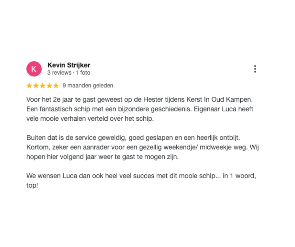 Afbeelding van Google review over hotelovernachting op De Hester